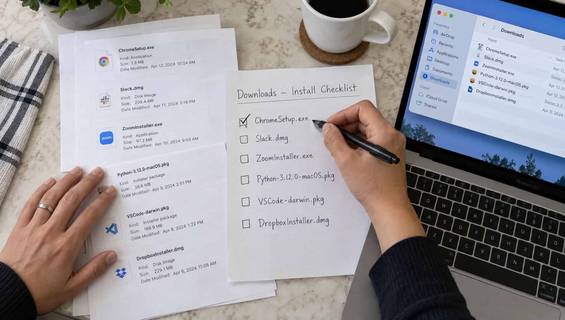 Hands review a Downloads list and mark a recognized installer on a checklist during a careful Mac cleanup.