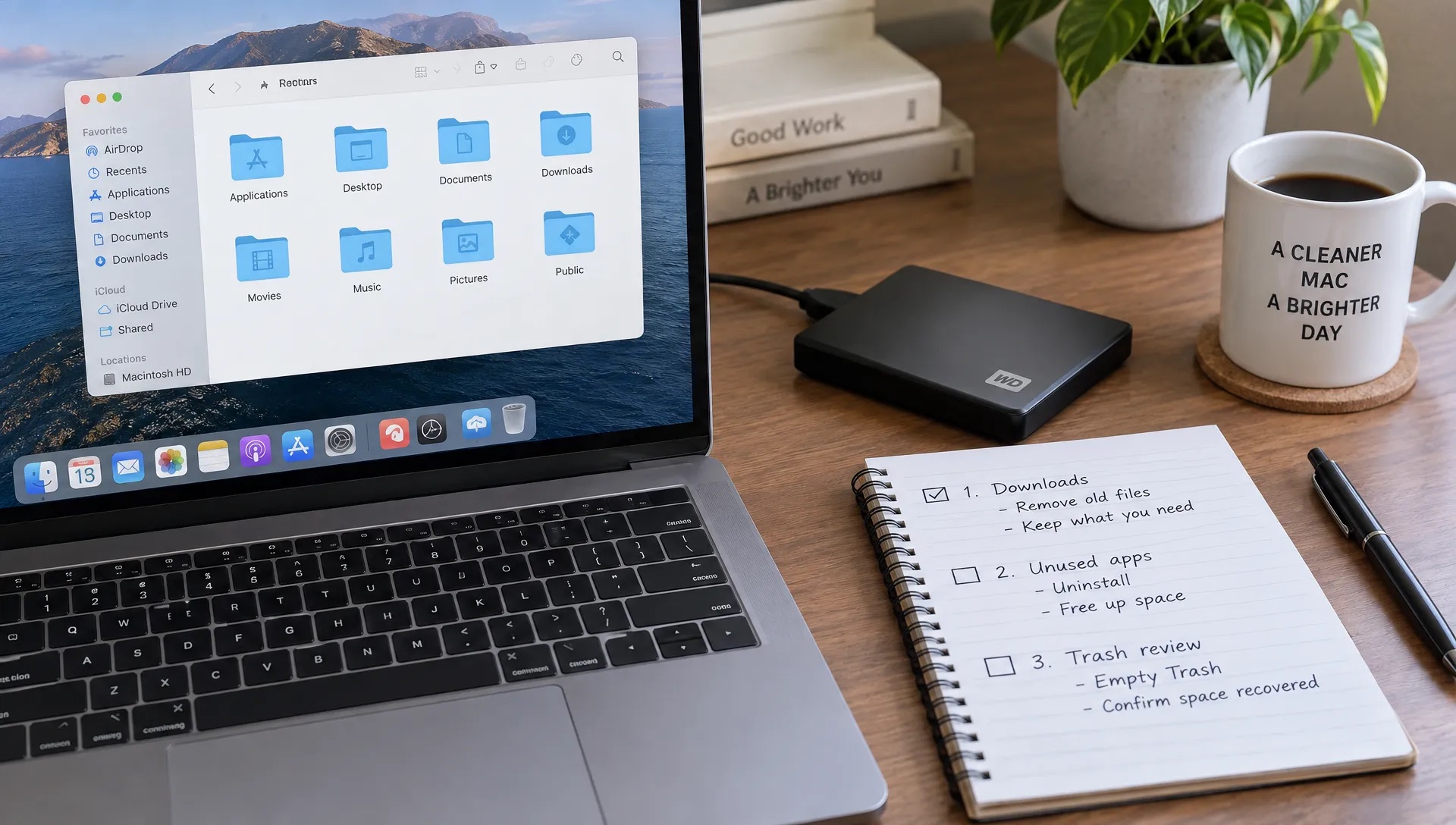 An open MacBook and an external backup drive sit beside a handwritten checklist listing Downloads, unused apps, and a final Trash review.