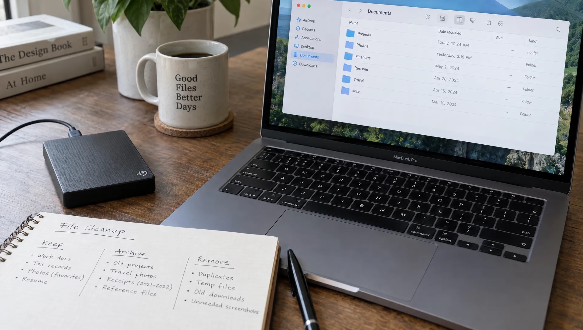 An external drive rests beside an open MacBook Pro as handwritten notes sort files into keep, archive and remove during cleanup.