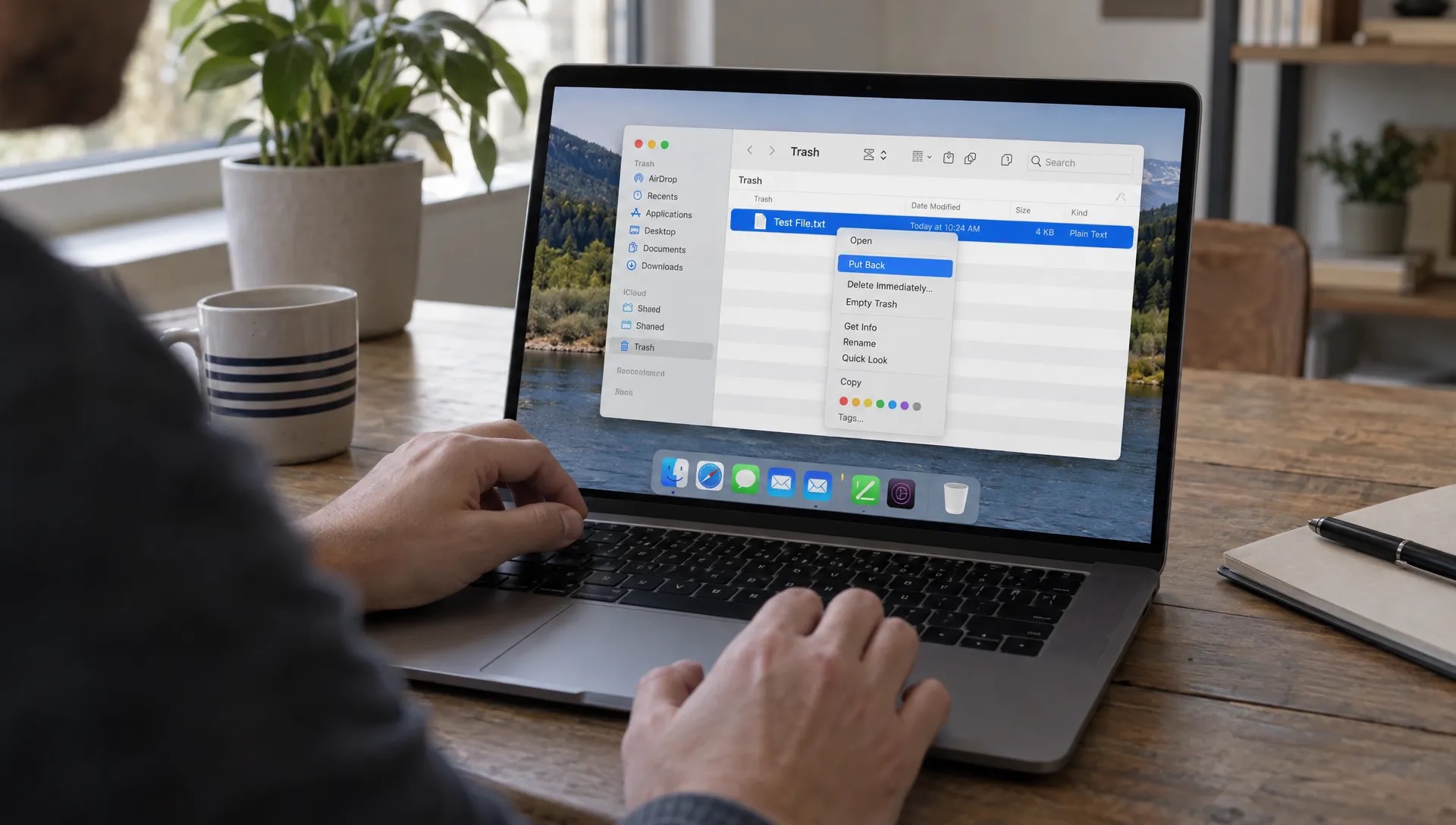 Hands restore a disposable test file from Trash on a Mac, checking whether a cleaner’s deletion process is reversible.