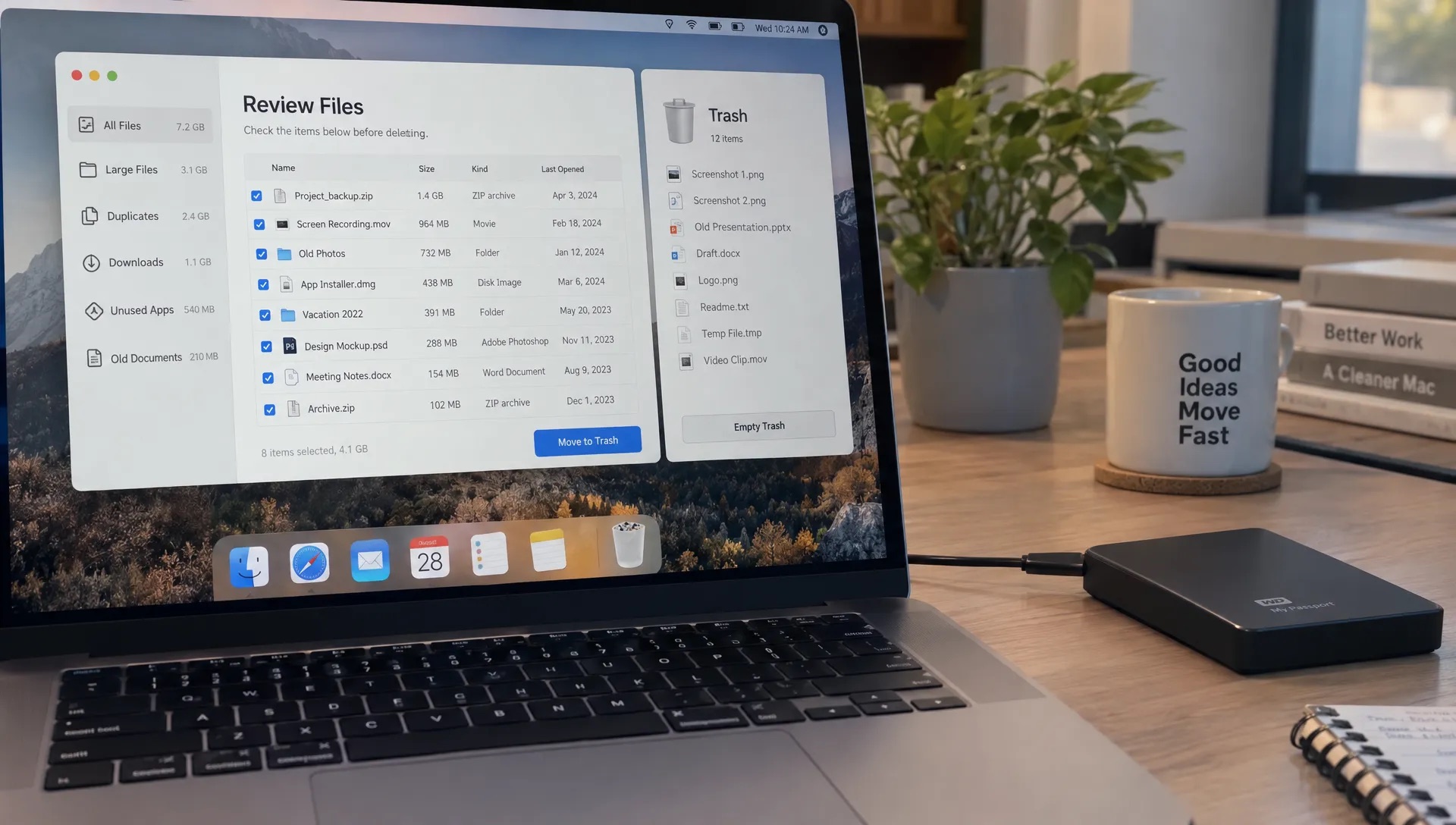 A MacBook screen shows a file review list beside Trash, with an external backup drive nearby as the user tests a cleaner cautiously.