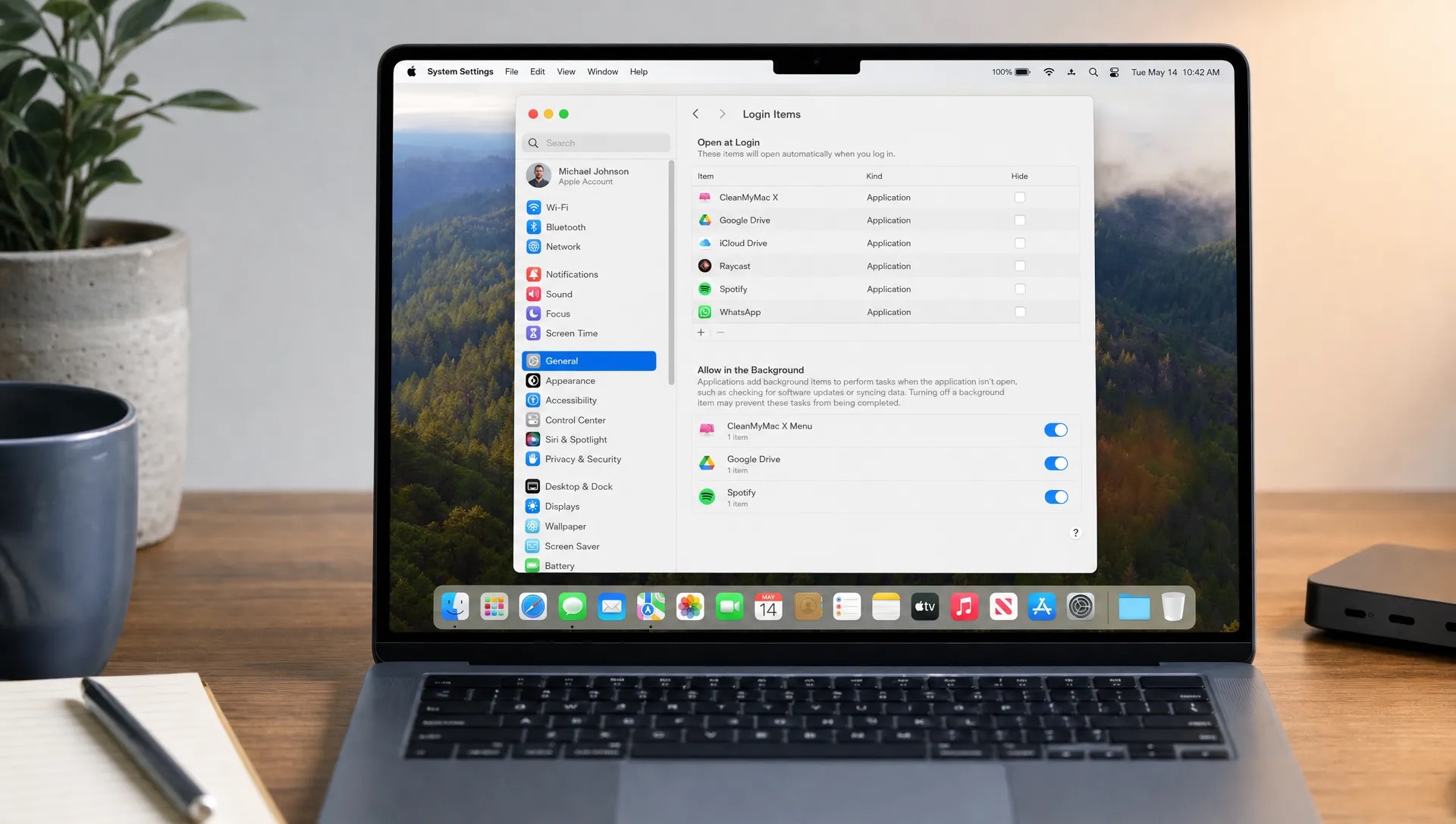 A Mac System Settings window shows Login Items as part of checking app uninstaller safety.