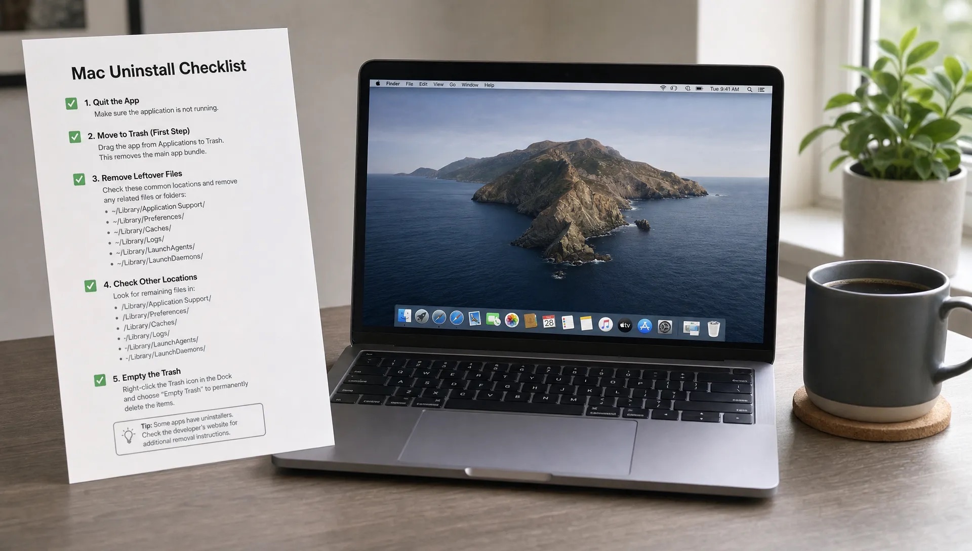 A Mac uninstall checklist beside a laptop shows app bundle, Library leftovers, file paths and Trash-first cleanup.