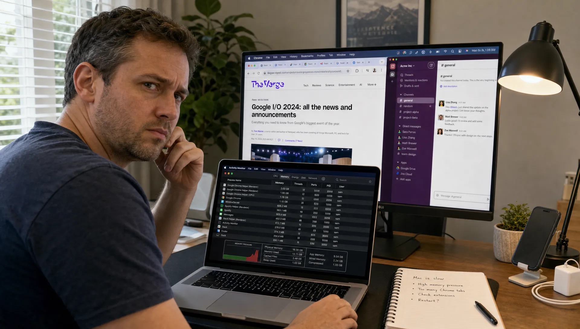 A person at a home desk compares Activity Monitor with a heavy app while troubleshooting a slow Mac.