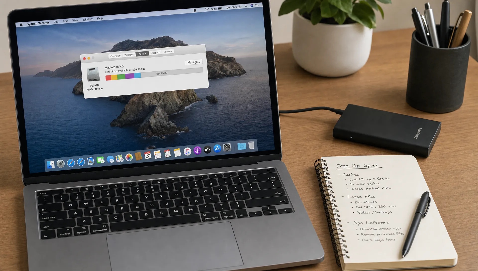 A MacBook on a desk sits beside an external drive and notes about caches, large files, and app leftovers.