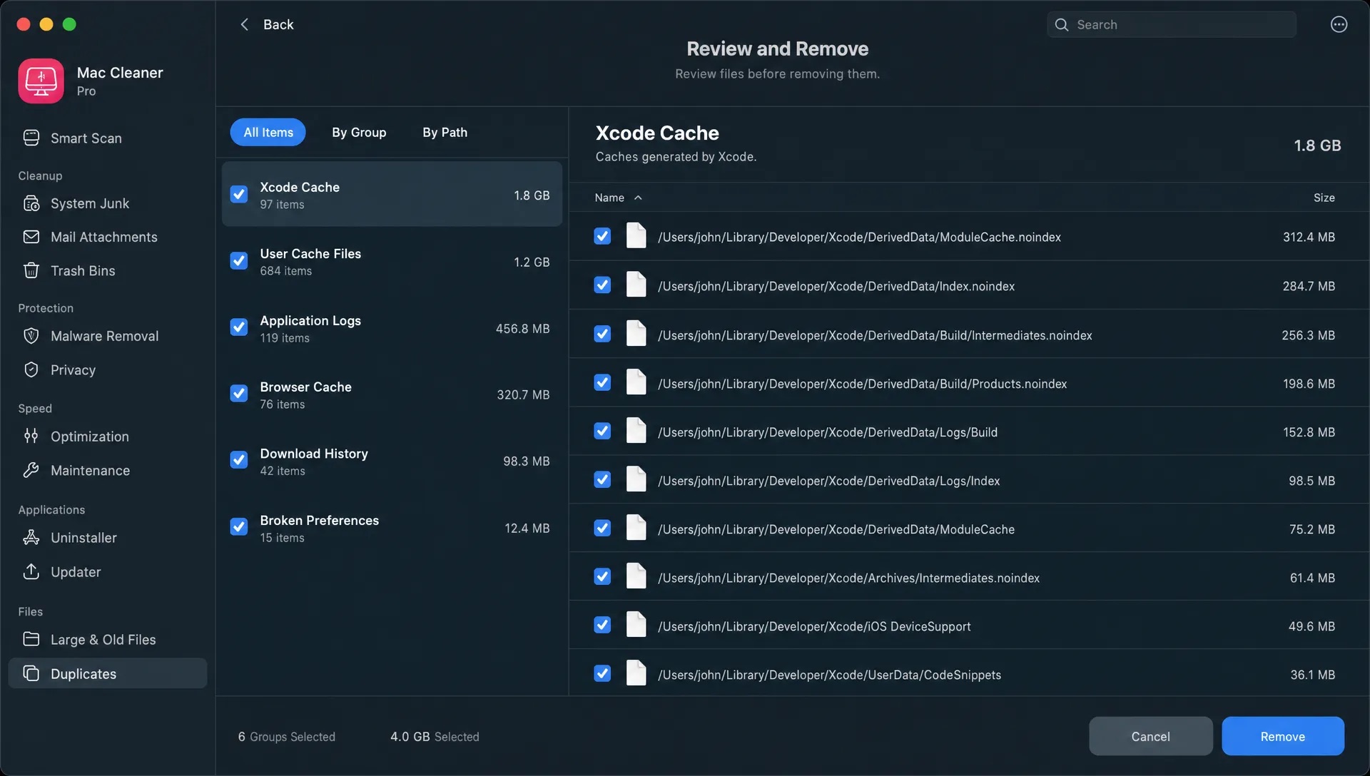 A Mac cleanup window shows grouped leftover files with file paths and checkboxes for review before removal.