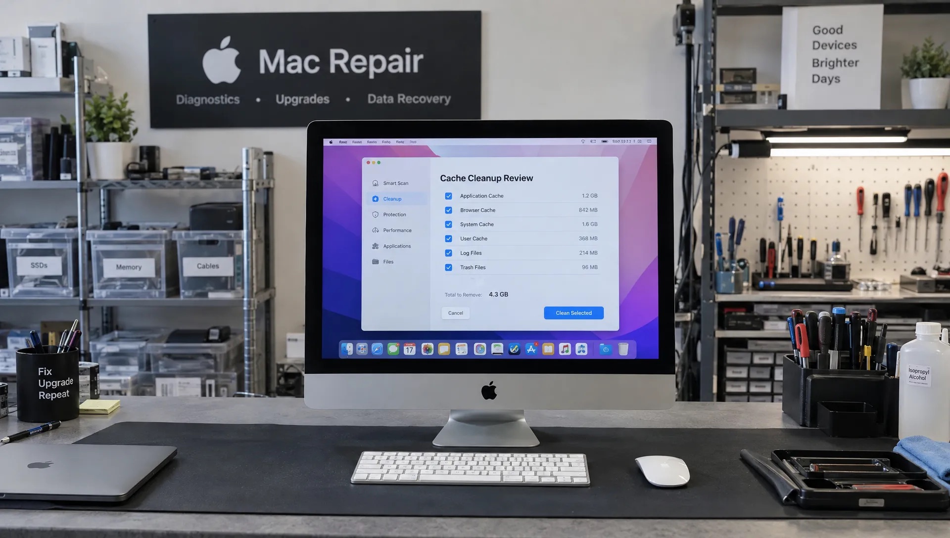 A Mac repair workstation has a cache-cleanup review open, with service tools and storage shelves in the background.