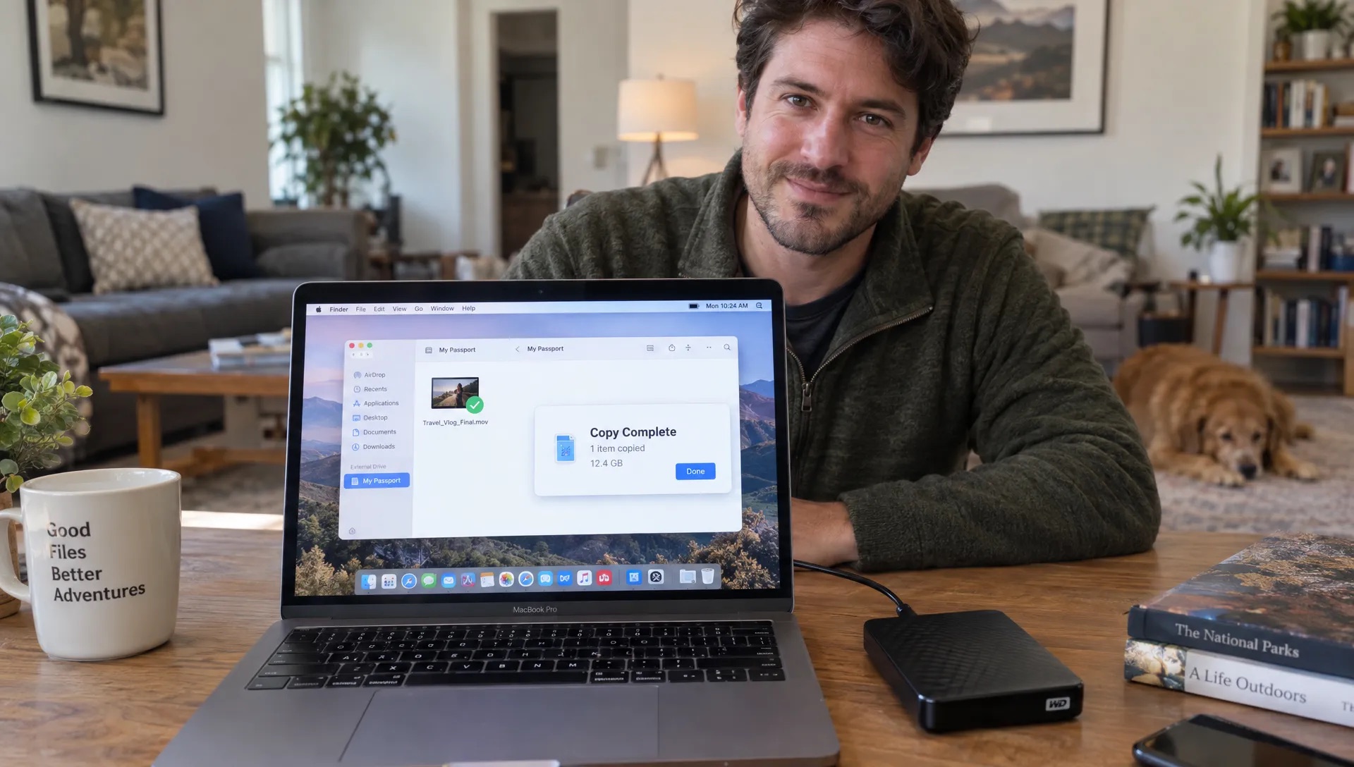 A Mac user checks a copied video on an external drive before removing the local file to recover storage.