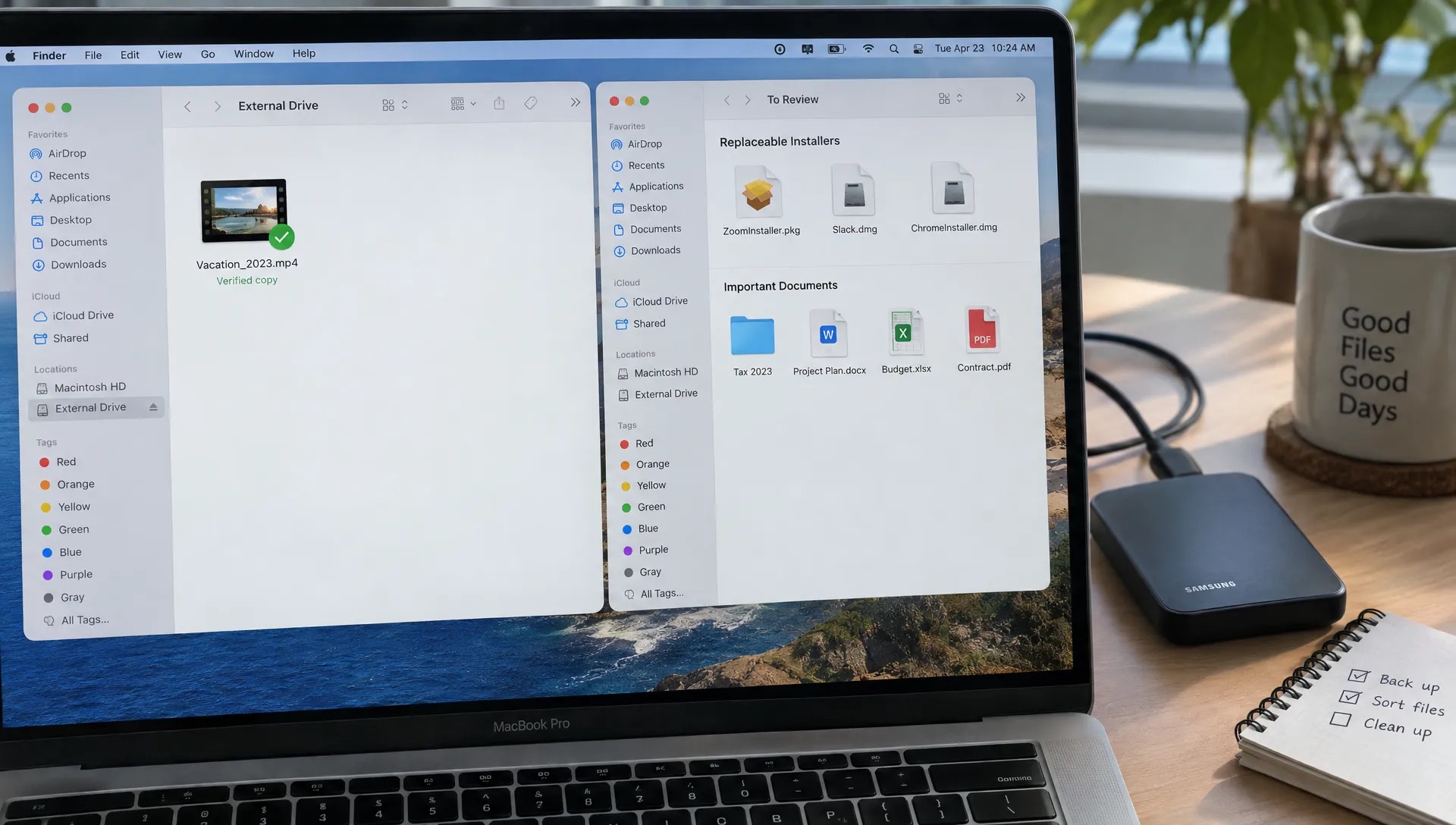 A Finder file review shows a verified video copy on an external drive beside replaceable installers and important documents being sorted before cleanup.