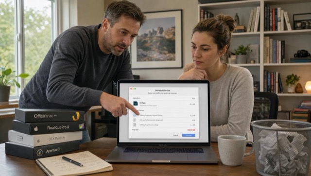 Two people check an uninstall preview on a Mac before removing an app and its leftovers.