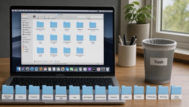 A MacBook screen and Finder window show the folders where app leftovers collect on macOS.