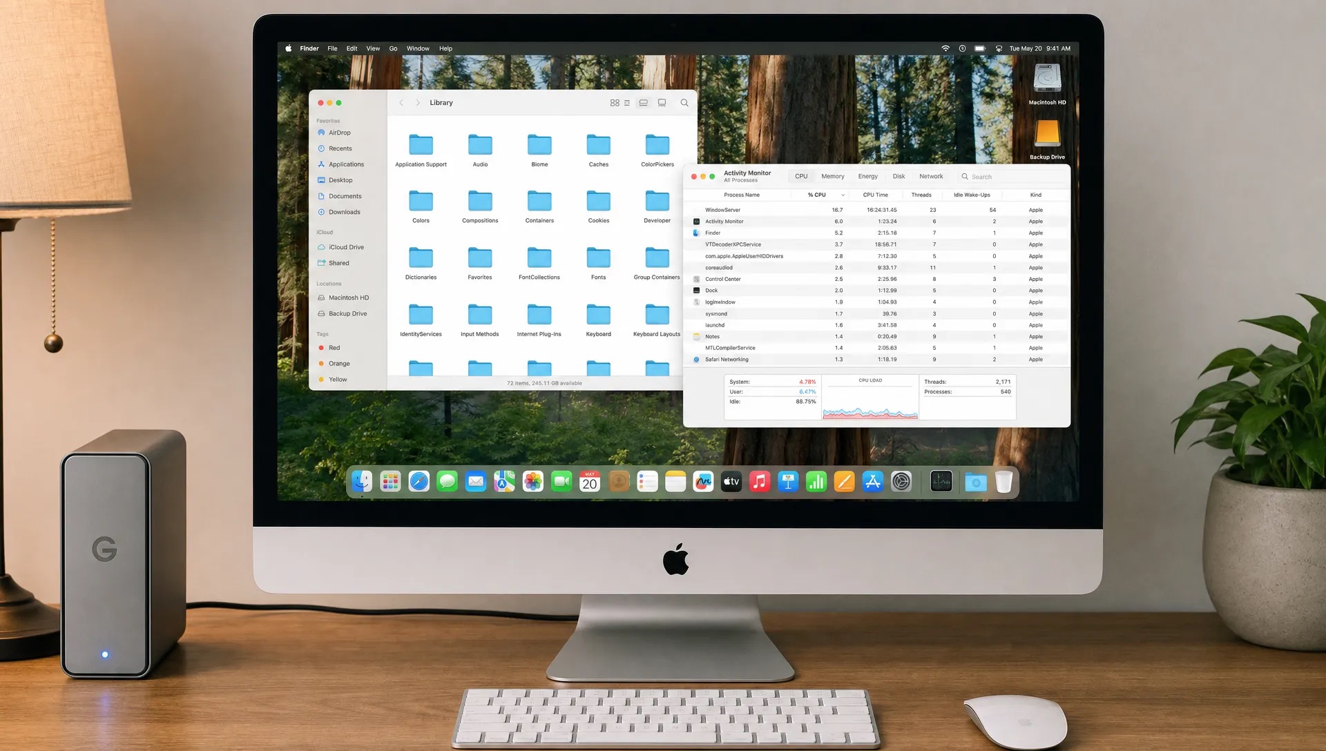 A Mac workspace shows Finder, Activity Monitor and a desk setup for removing CleanMyMac leftovers.