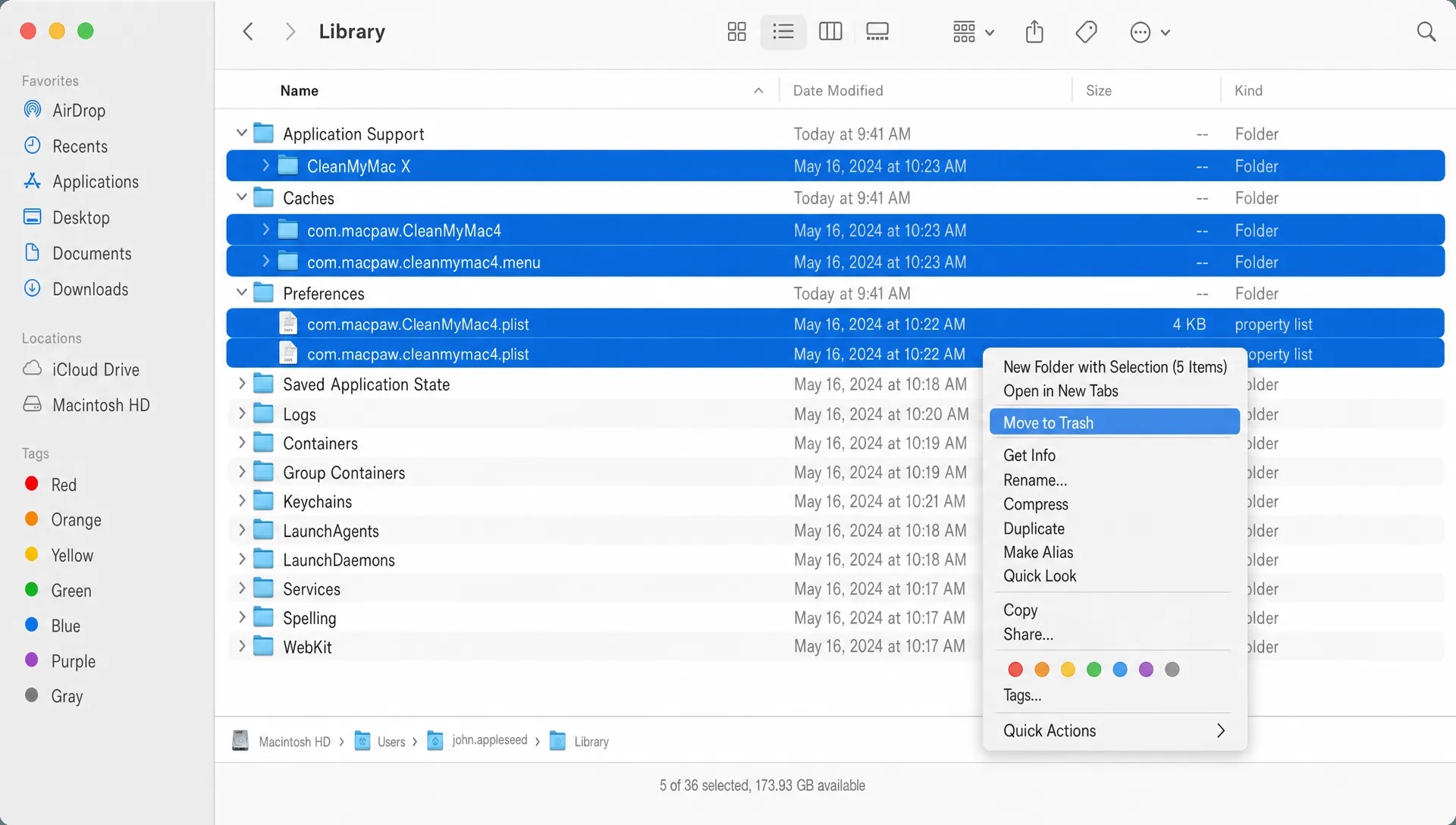 A Finder window shows Library folders such as Application Support, Caches and Preferences, with CleanMyMac-related leftovers selected for Trash-first removal.