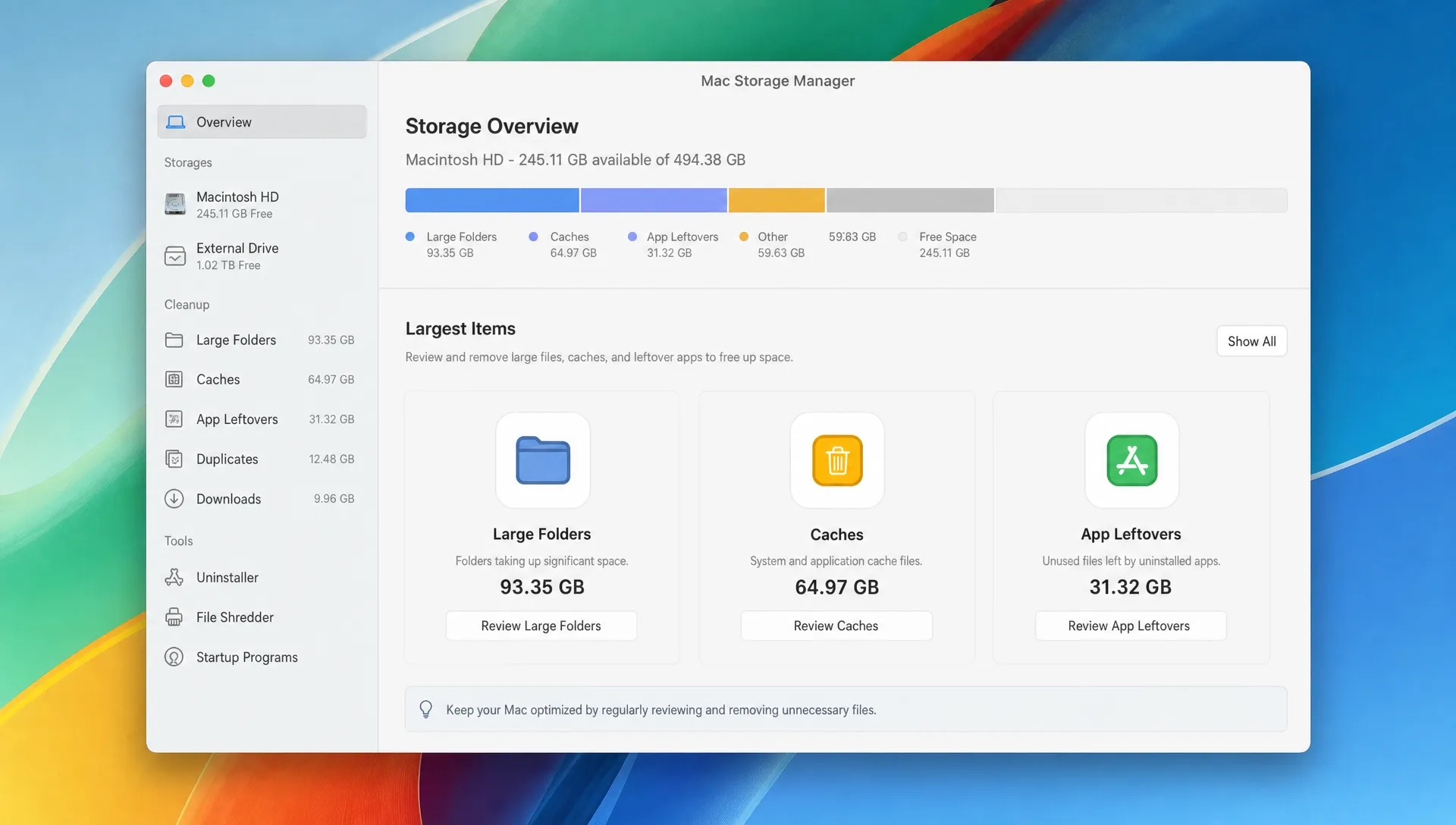 A mac storage manager shows a disk map with large folders, cache areas and app leftovers grouped by size on a Mac.