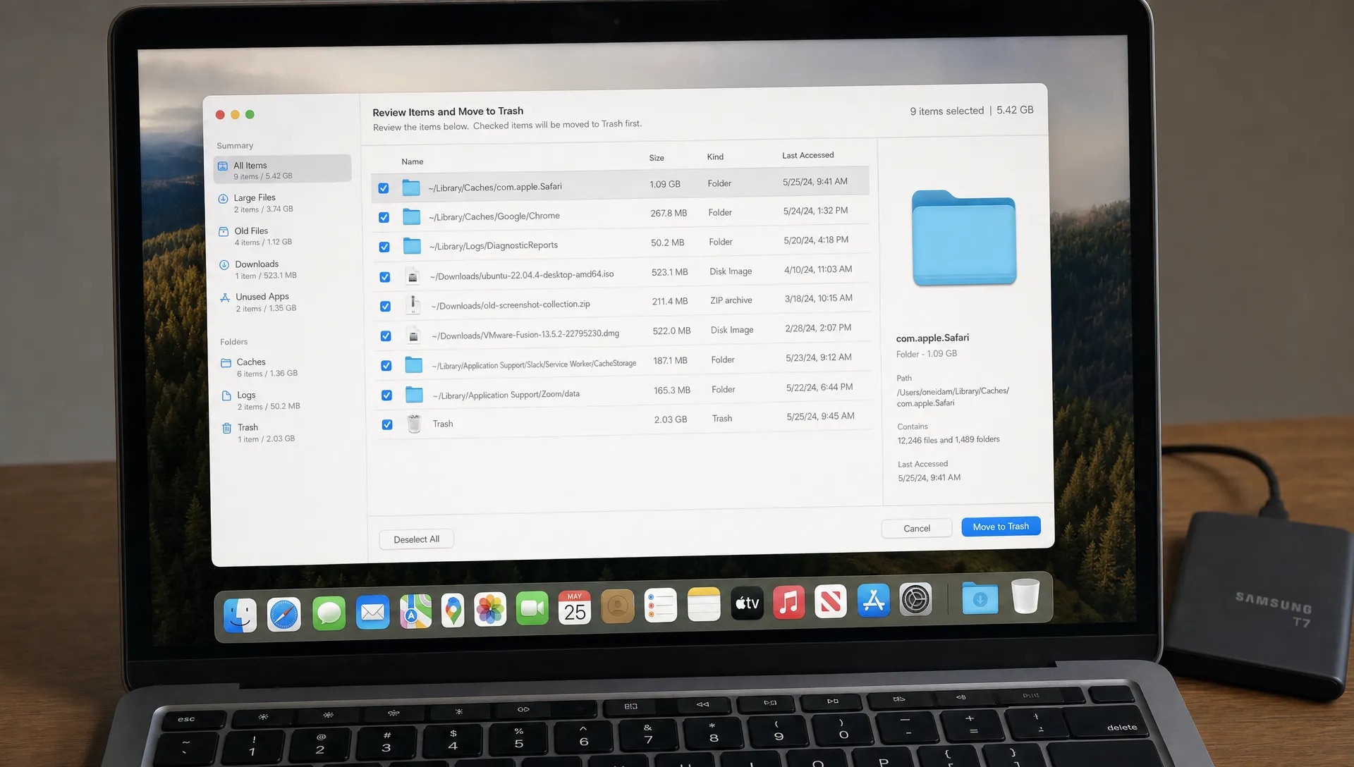 A Finder file review window shows exact paths and cleanup items before removal, with a keyboard and external drive nearby.