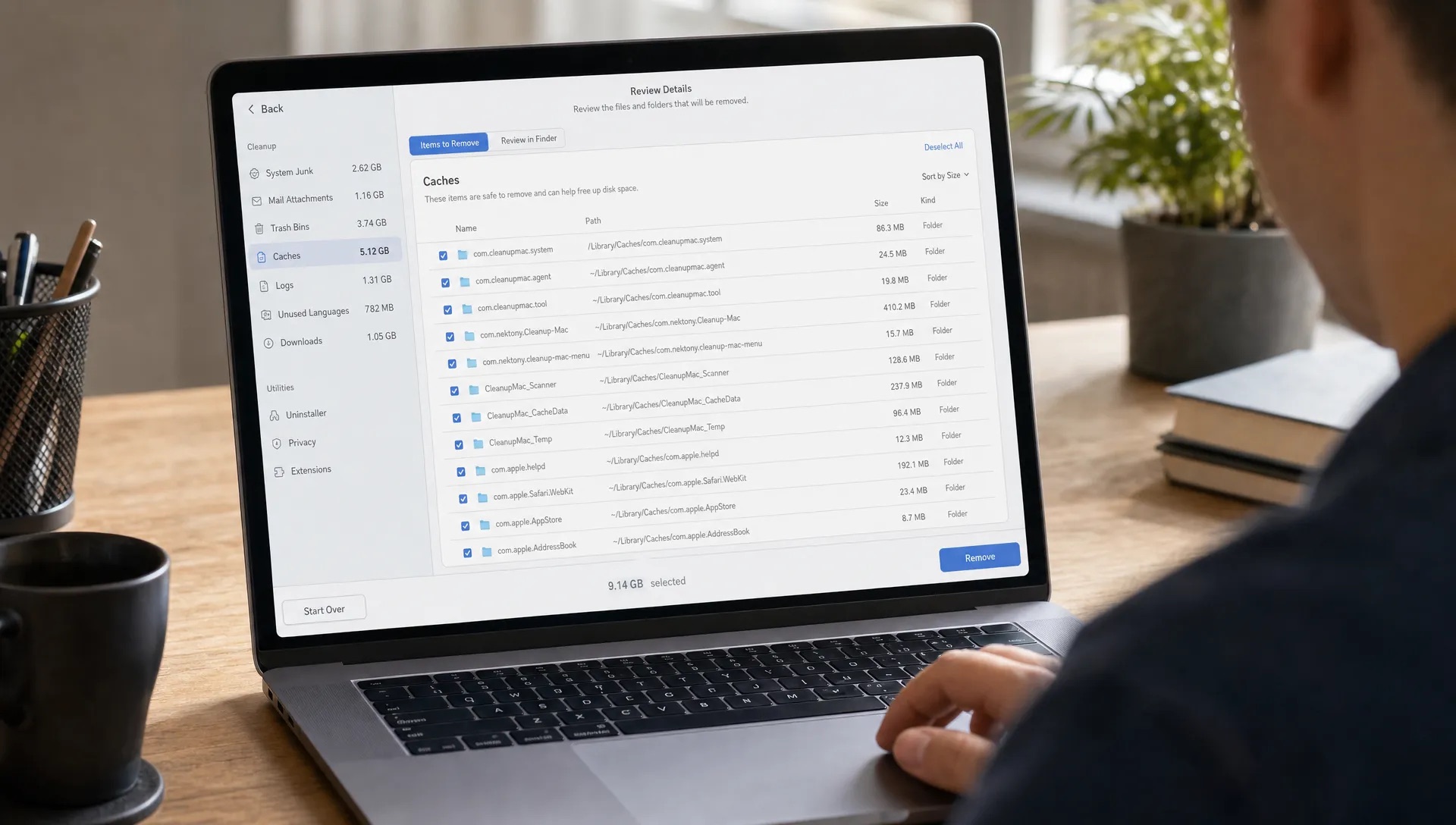 A MacBook shows a file review list with cache items and Trash-first cleanup options while a user checks paths before removing mac cleanup pro leftovers.
