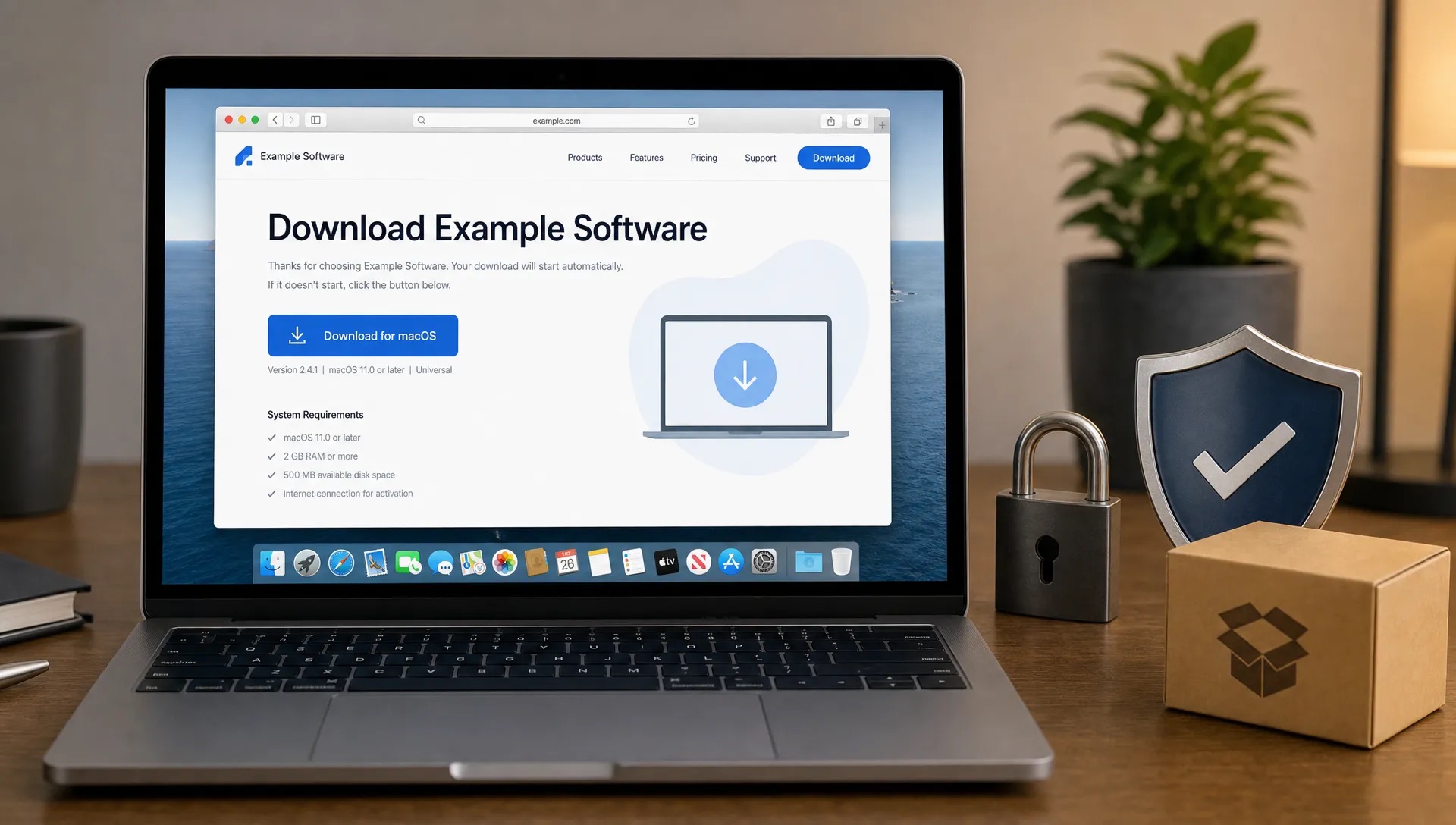 A Mac laptop on a desk shows a software download page beside a lock icon, a shield, and an app package box.