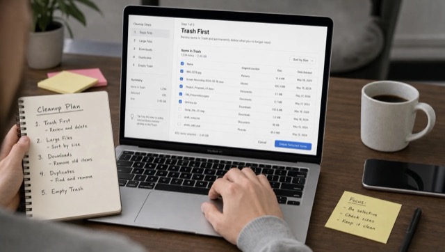 A MacBook showing a Trash-first cleanup step beside a handwritten cleanup plan.