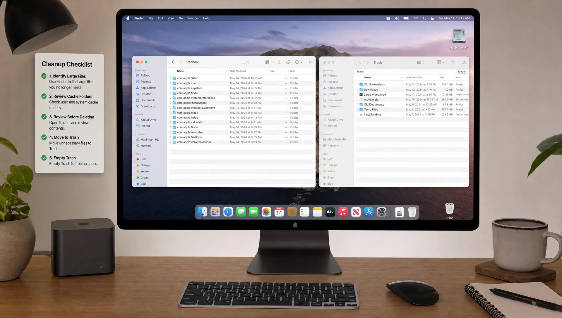A Mac desk setup with a cleanup checklist, cache folders and the Trash icon shows how to review files before removing them.