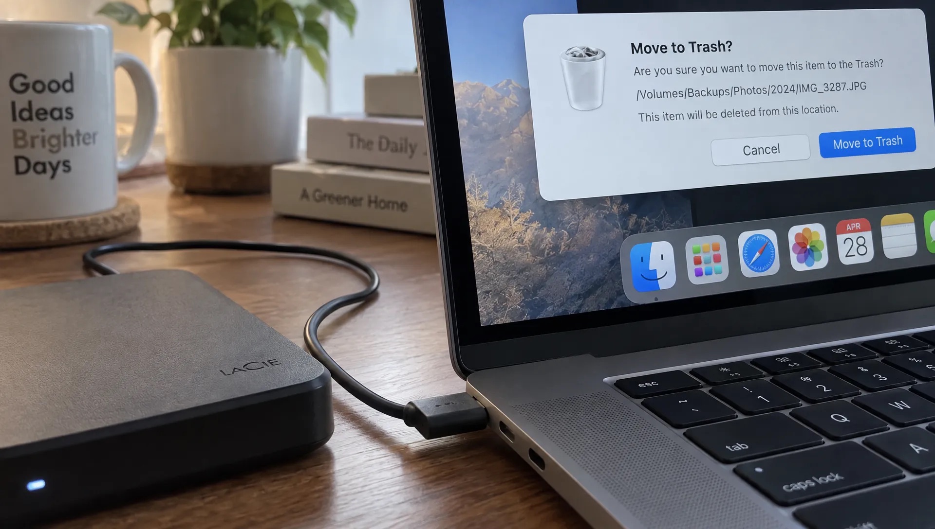 A portable backup drive connects to a Mac beside a cleanup confirmation that shows a file path and a move-to-Trash choice.