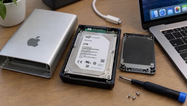 An opened external drive rests on a repair bench beside a Mac, illustrating the storage behind app files and leftovers.