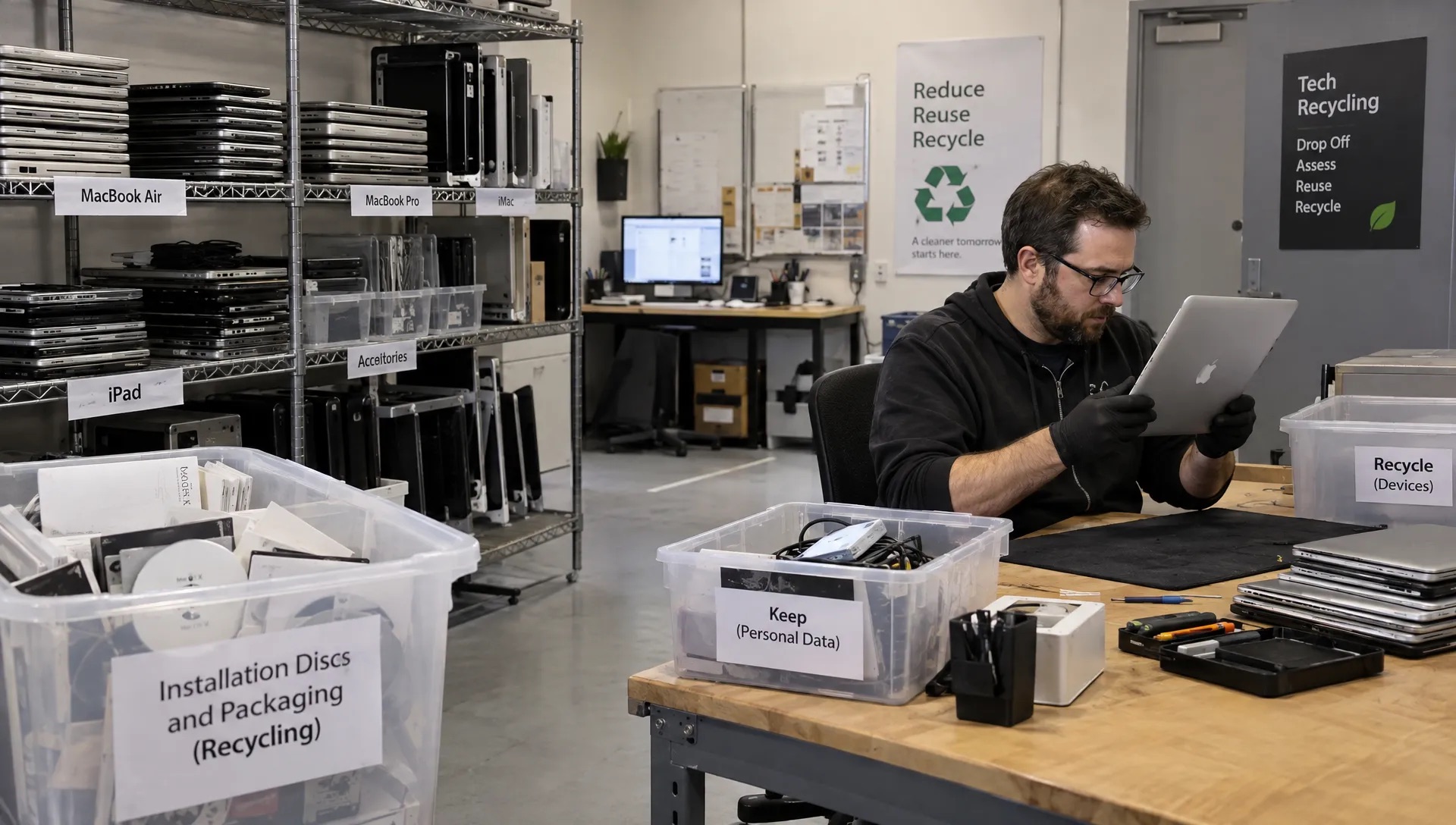 A technician reviews a retired MacBook beside shelves of recovered electronics and a bin of obsolete installation media.