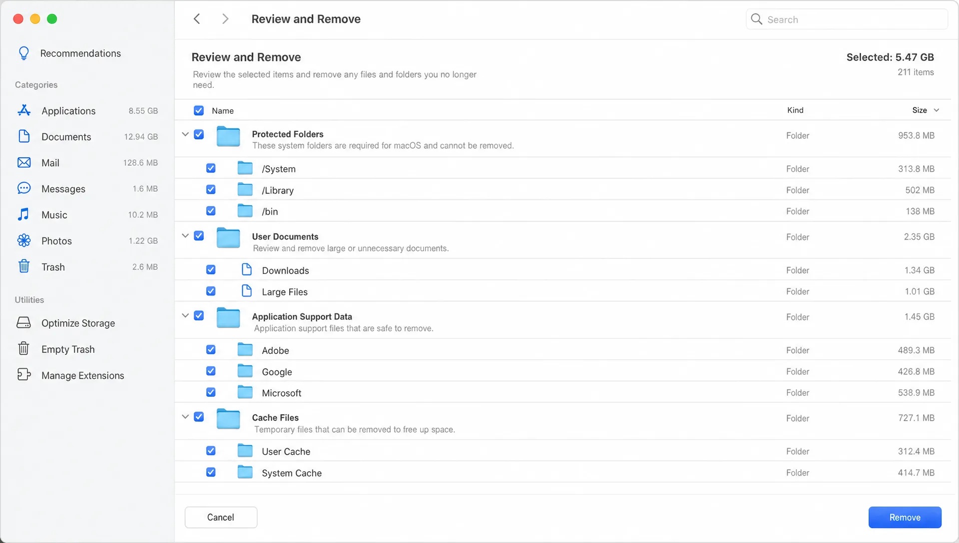 A Mac Finder cleanup screen shows protected folders, user documents, app support data and cache files being reviewed before removal.