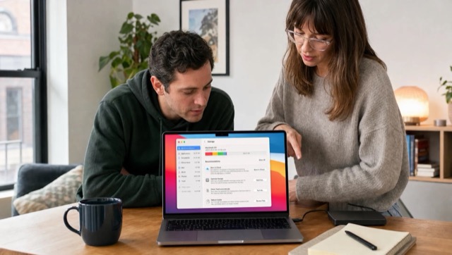Two people review Mac storage details at a desk before deciding what to delete.
