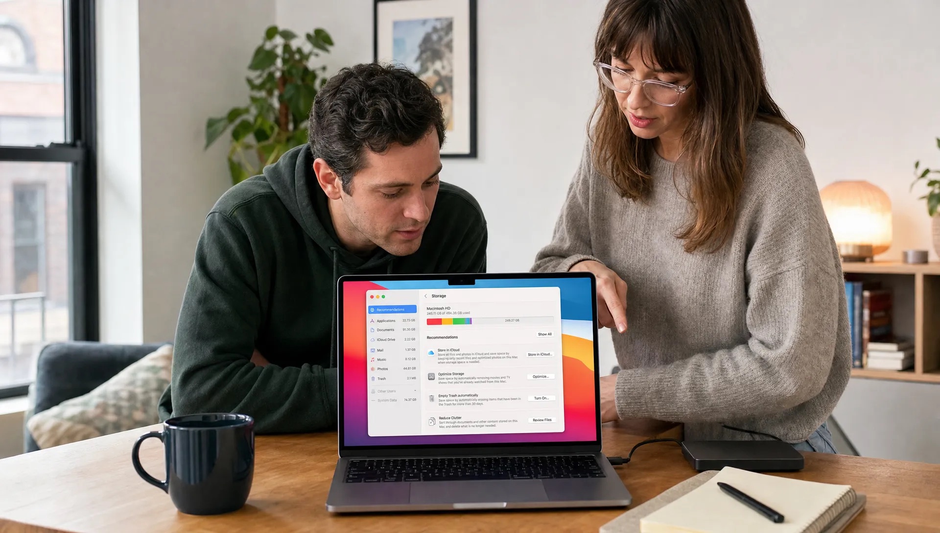 Two people review Mac storage details at a desk before deciding what to delete.