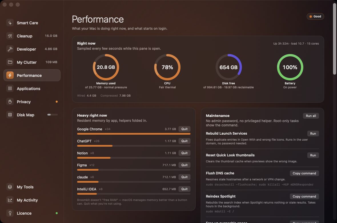 Broomkit Performance pane: live memory, CPU, disk and battery dials with a Heavy right now app list