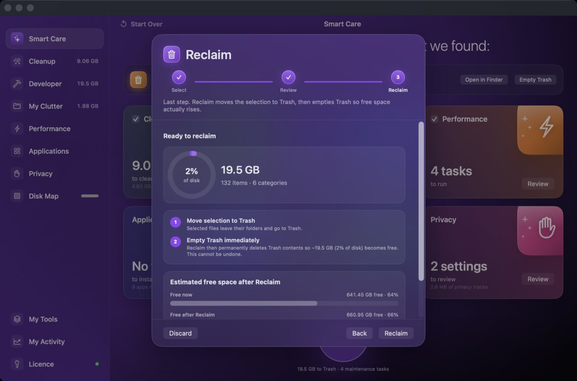Reclaim step 3: ready-to-reclaim summary with item count and free space before and after