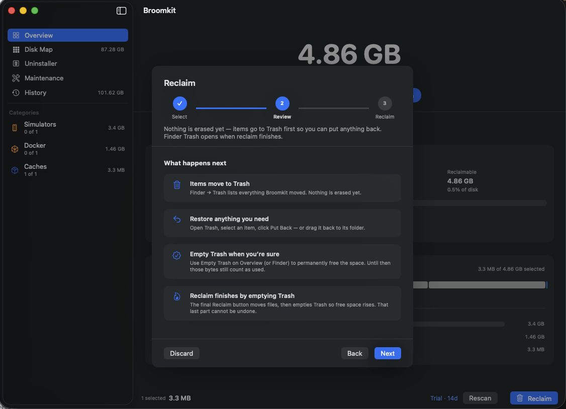 Broomkit Review step listing full file paths and sizes before anything is moved to the Trash