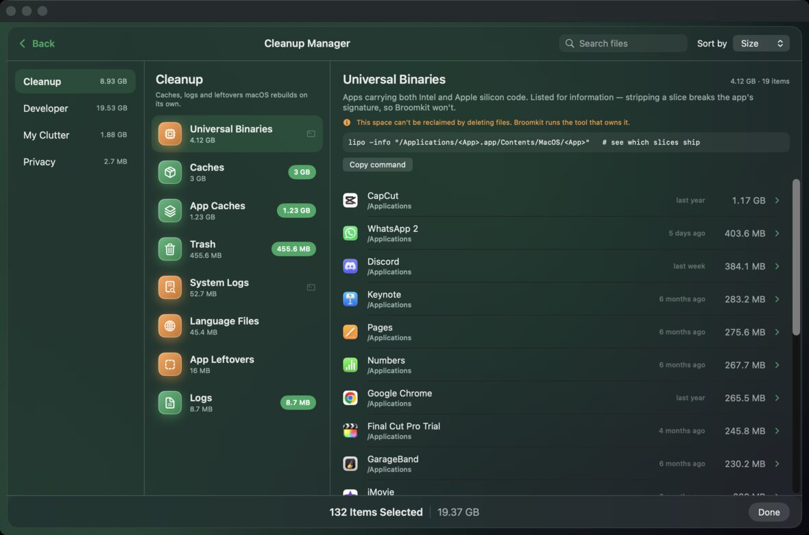Cleanup Manager: groups, categories with sizes, and files with tick boxes, search and sort