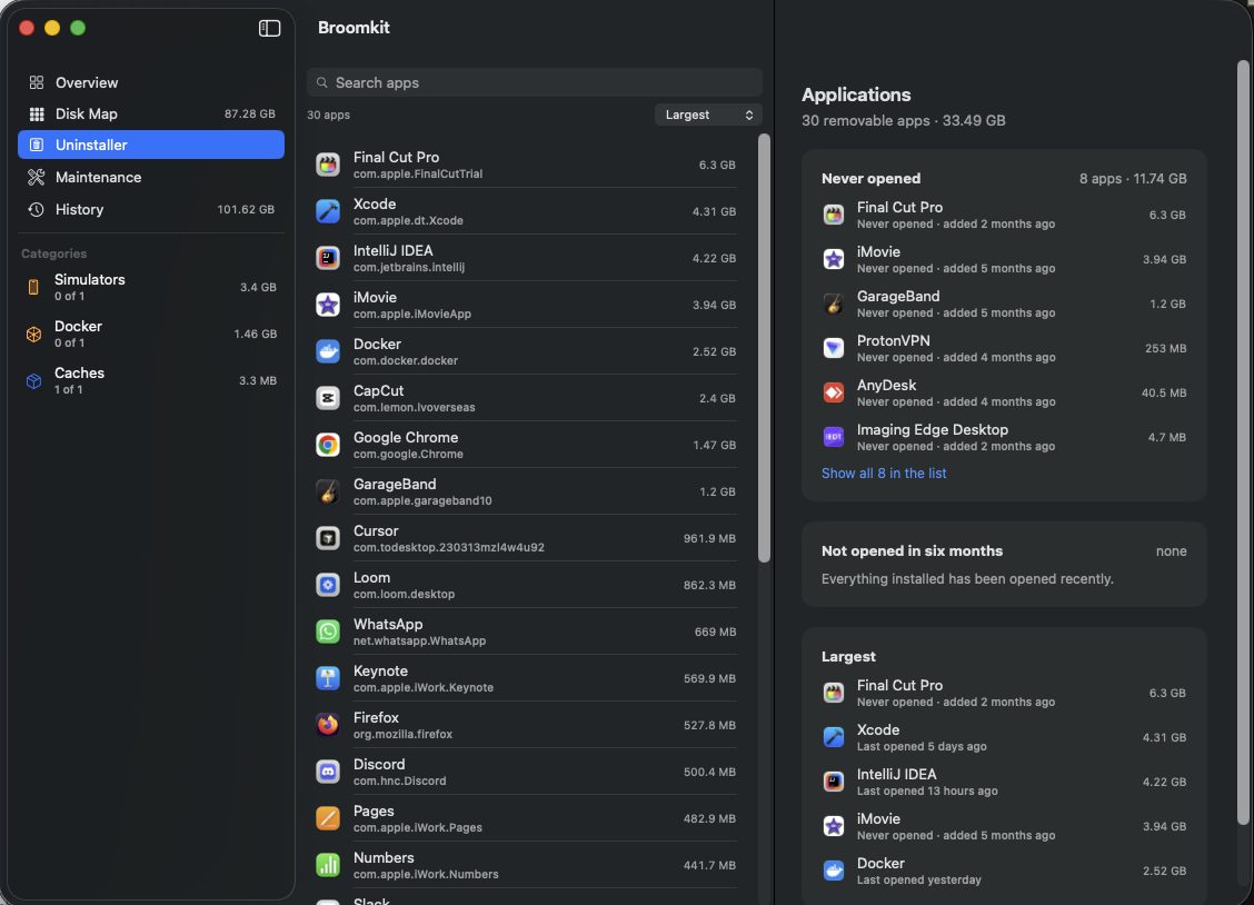 Broomkit Uninstaller listing removable Mac apps with sizes, grouped by last opened and largest